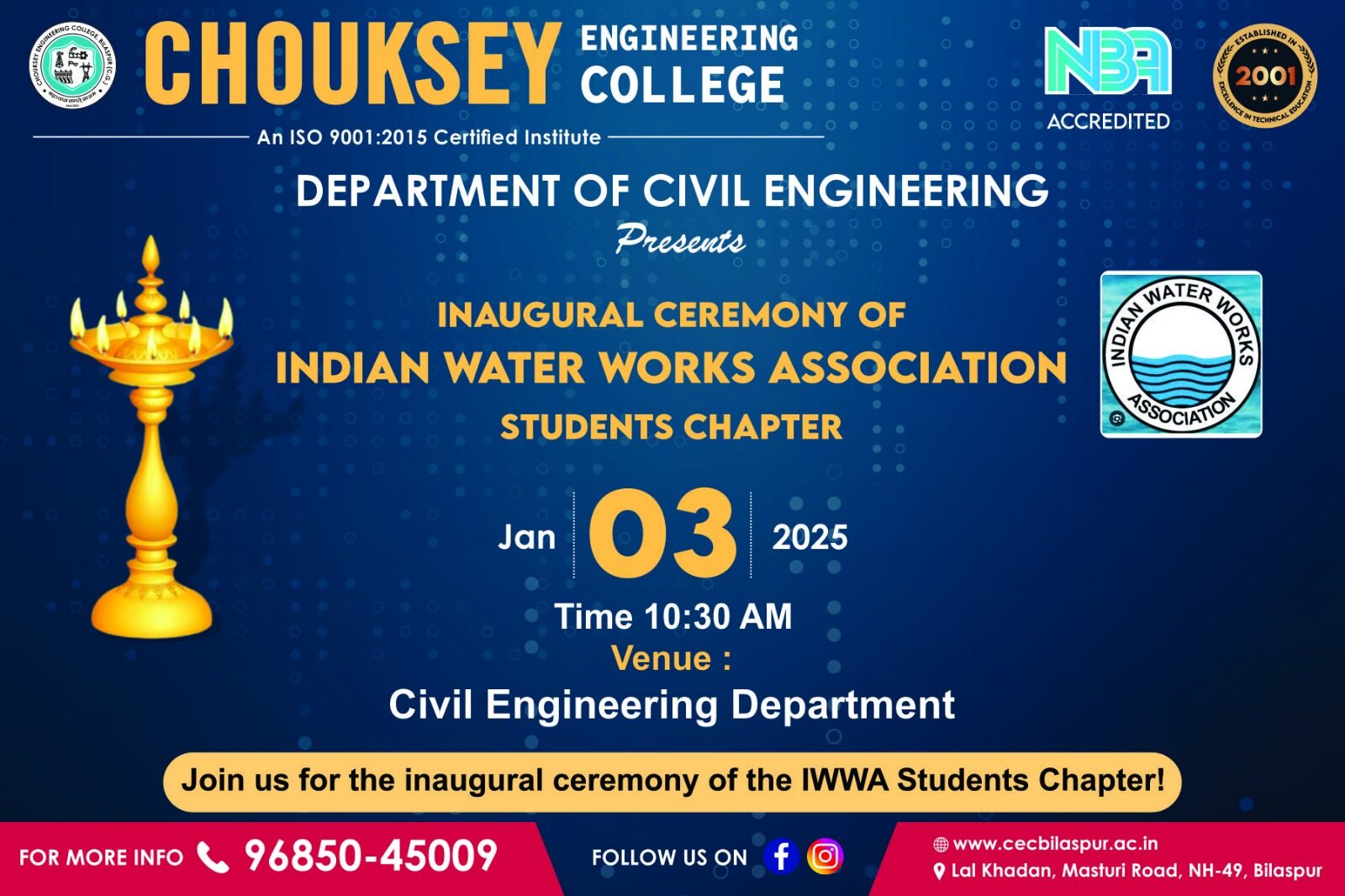 Inauguration of Indian Water Works Association (IWWA) Students Chapter at Chouksey Engineering College